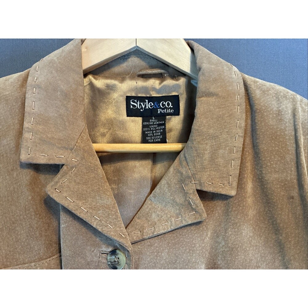 Style & Co Tan Suede Leather Jacket Blazer Sz PL Structured Western Earthy Boho - Picture 4 of 16